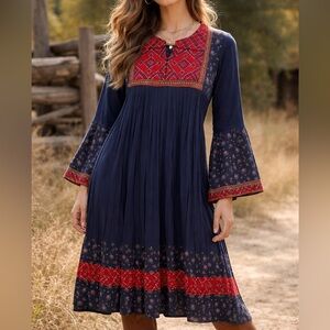 SHARAMEL Afghan Panel Folk Boho Prairie Western Midi Dress S Summer Dress